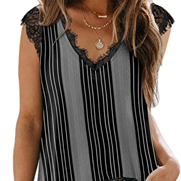 XIEERDUO Tops - V Neck Boho Sleeveless Side Split Black Stripe Tank Top, Size M